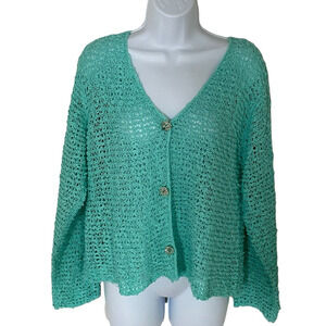 Mint Green Cable Knit Cardigan Womens Lg Lightweight Spring Boxy Coastal Grandma